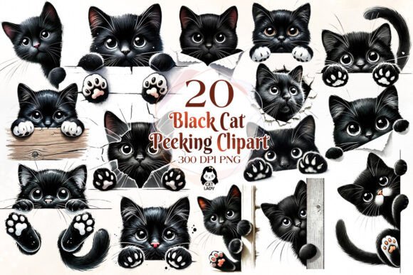 Download Cute Black Cat Peeking Clipart Bundle - Cute Collection