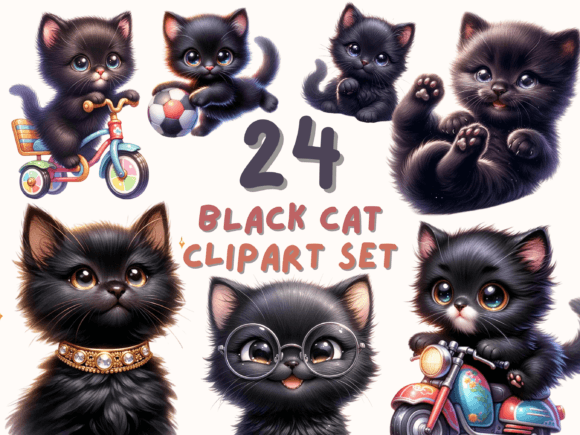 Download Cute Black Cat Watercolor Clipart Set - Cute Collection